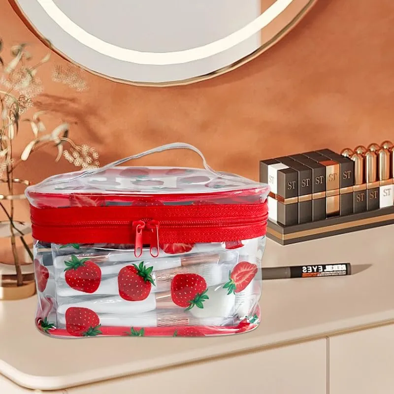 Clear Printed Fruit Cosmetic Bag and Travel Pouch with Handle-Durable PVC Material,Versatile,Zipper Design for Smooth Sliding-Ideal for Makeup,Travel Essentials (Watermelon)