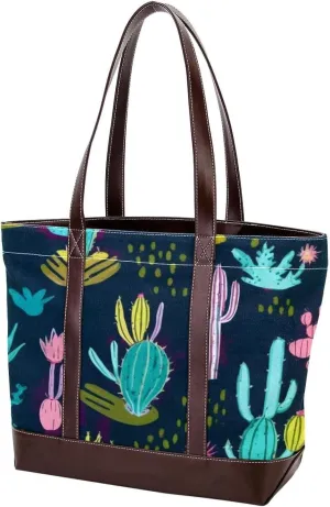 Colorful Cactus-445 Tote Bags Durable Leather Canvas Purses and Handbags for Women Top Handle Shoulder Satchel Hobo Bags