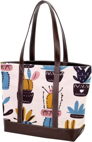 Colorful Cactus-469 Tote Bags Durable Leather Canvas Purses and Handbags for Women Top Handle Shoulder Satchel Hobo Bags