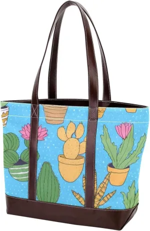 Colorful Cactus-484 Tote Bags Durable Leather Canvas Purses and Handbags for Women Top Handle Shoulder Satchel Hobo Bags