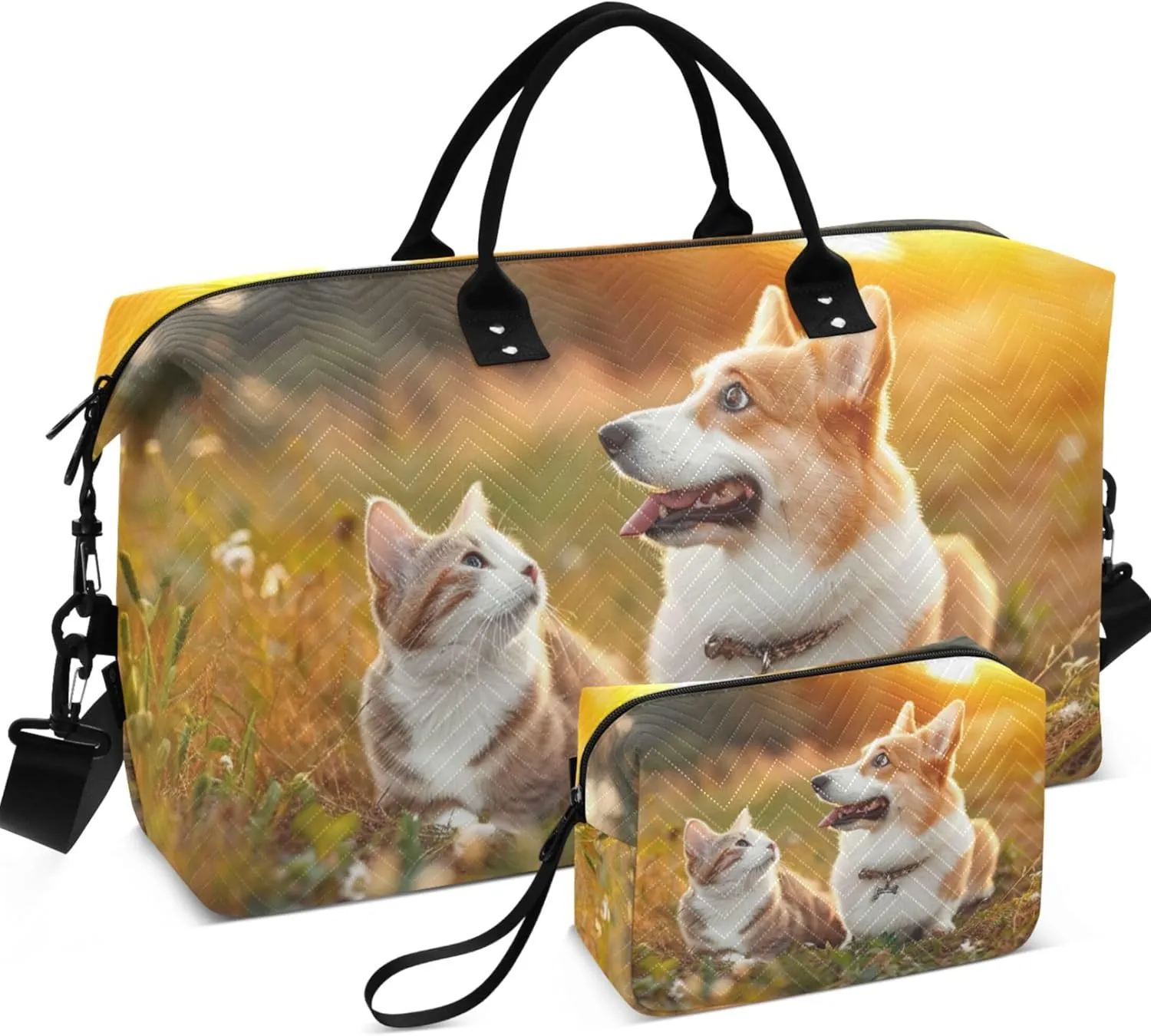 Corgi Dog Print Cat Field Duffle Bags Travel Make up Bags Set of 2, Flower Womens Gym Bag Small Duffel for Traveling