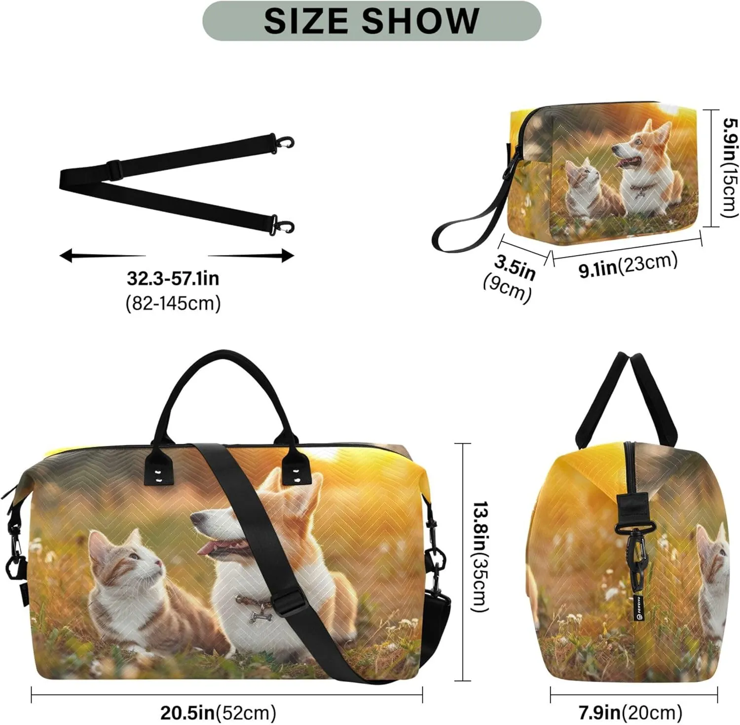 Corgi Dog Print Cat Field Duffle Bags Travel Make up Bags Set of 2, Flower Womens Gym Bag Small Duffel for Traveling