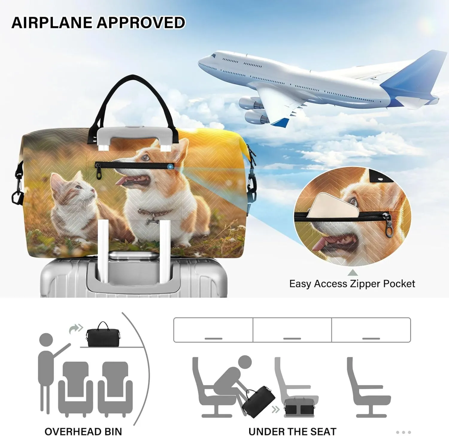 Corgi Dog Print Cat Field Duffle Bags Travel Make up Bags Set of 2, Flower Womens Gym Bag Small Duffel for Traveling