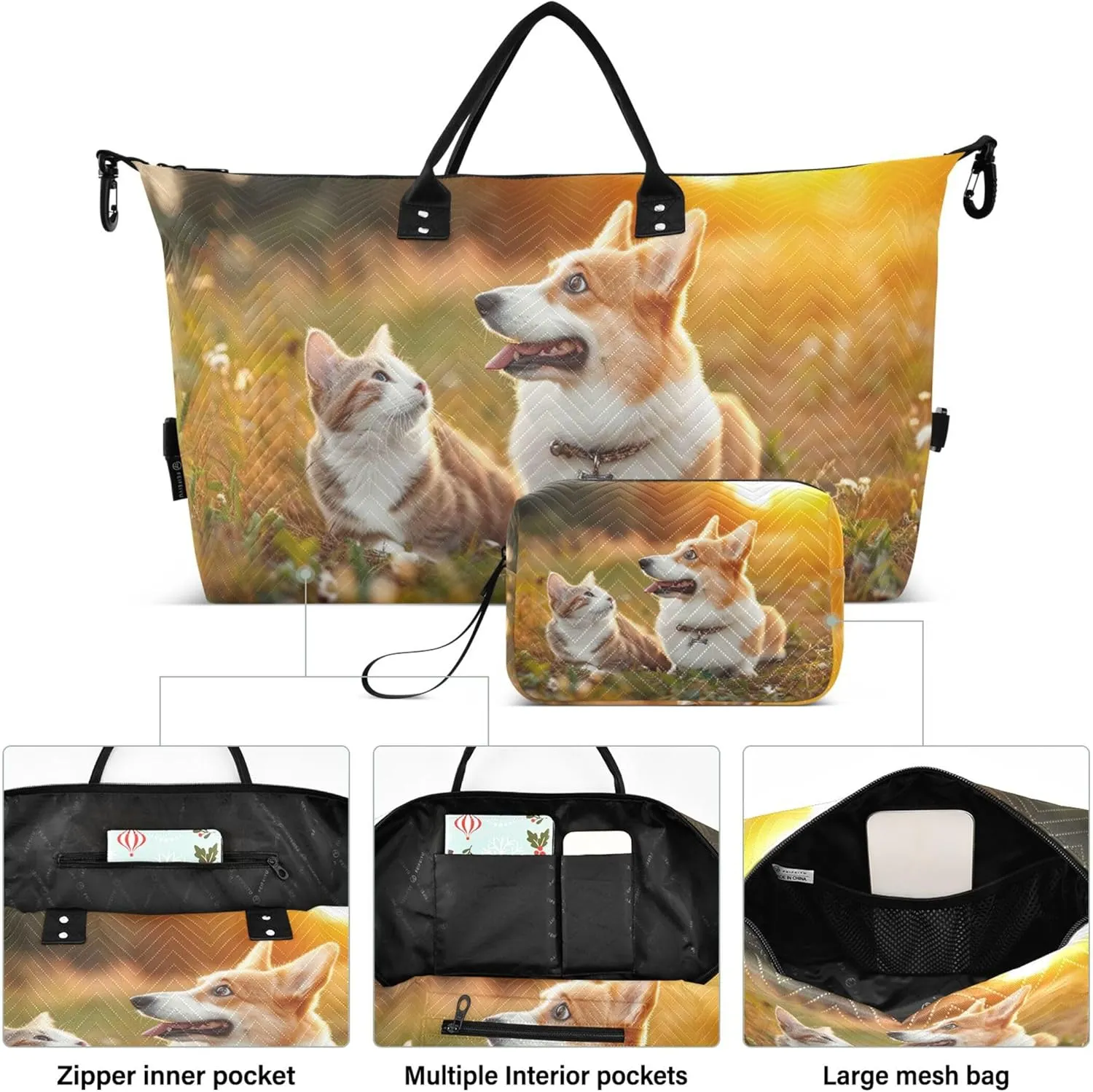 Corgi Dog Print Cat Field Duffle Bags Travel Make up Bags Set of 2, Flower Womens Gym Bag Small Duffel for Traveling