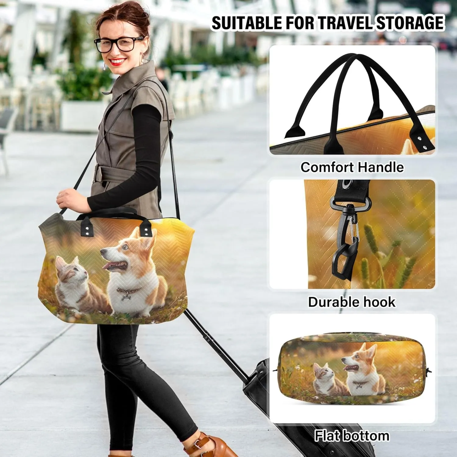 Corgi Dog Print Cat Field Duffle Bags Travel Make up Bags Set of 2, Flower Womens Gym Bag Small Duffel for Traveling