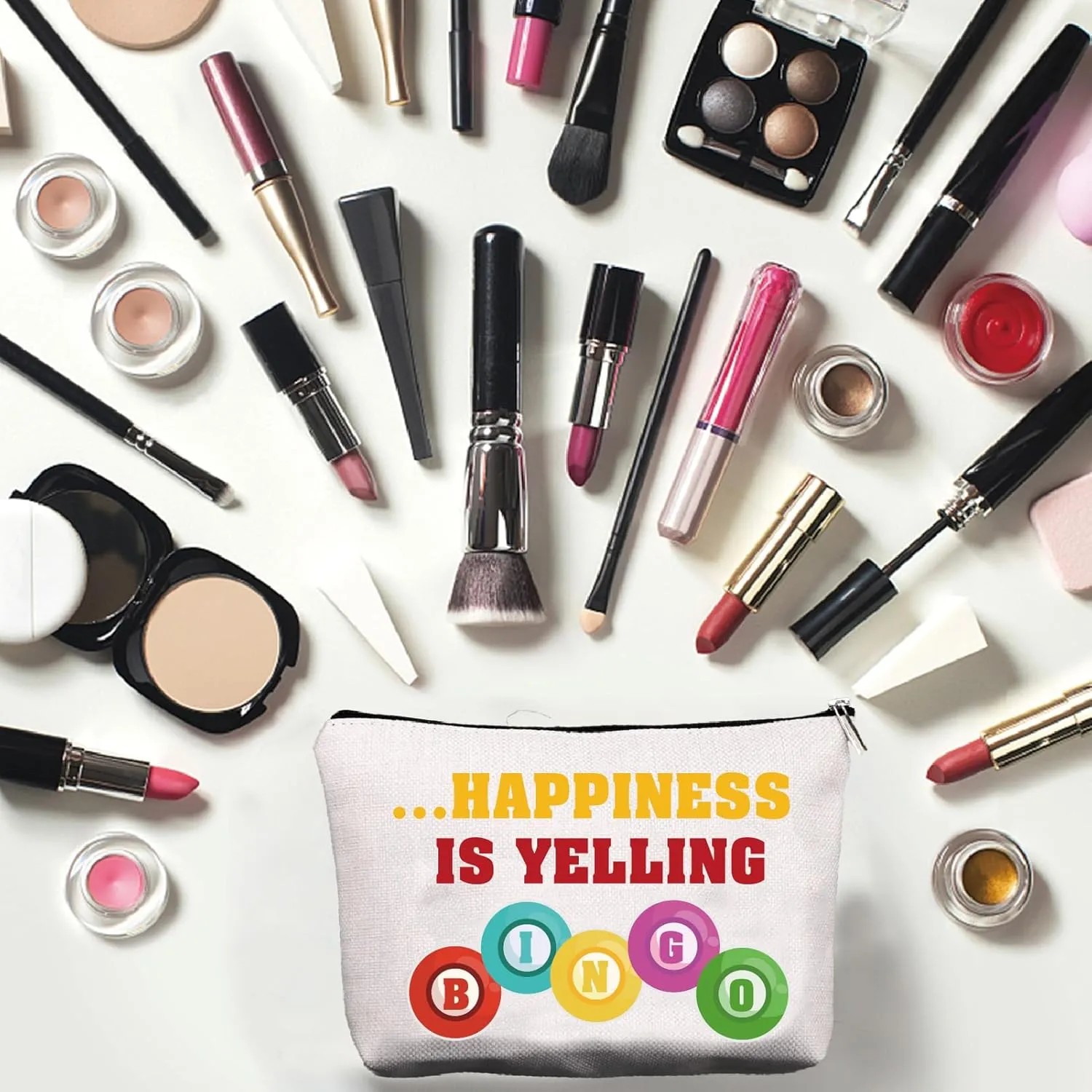 CREATCABIN Canvas Makeup Bags Bingo Cosmetic Bag Multi Purpose Pen Case with Metal Zipper Pouch Toiletry Travel Bag Purse for Lipstick Card Birthday Gambling Gifts 10 x 7Inch-Happiness is Yelling