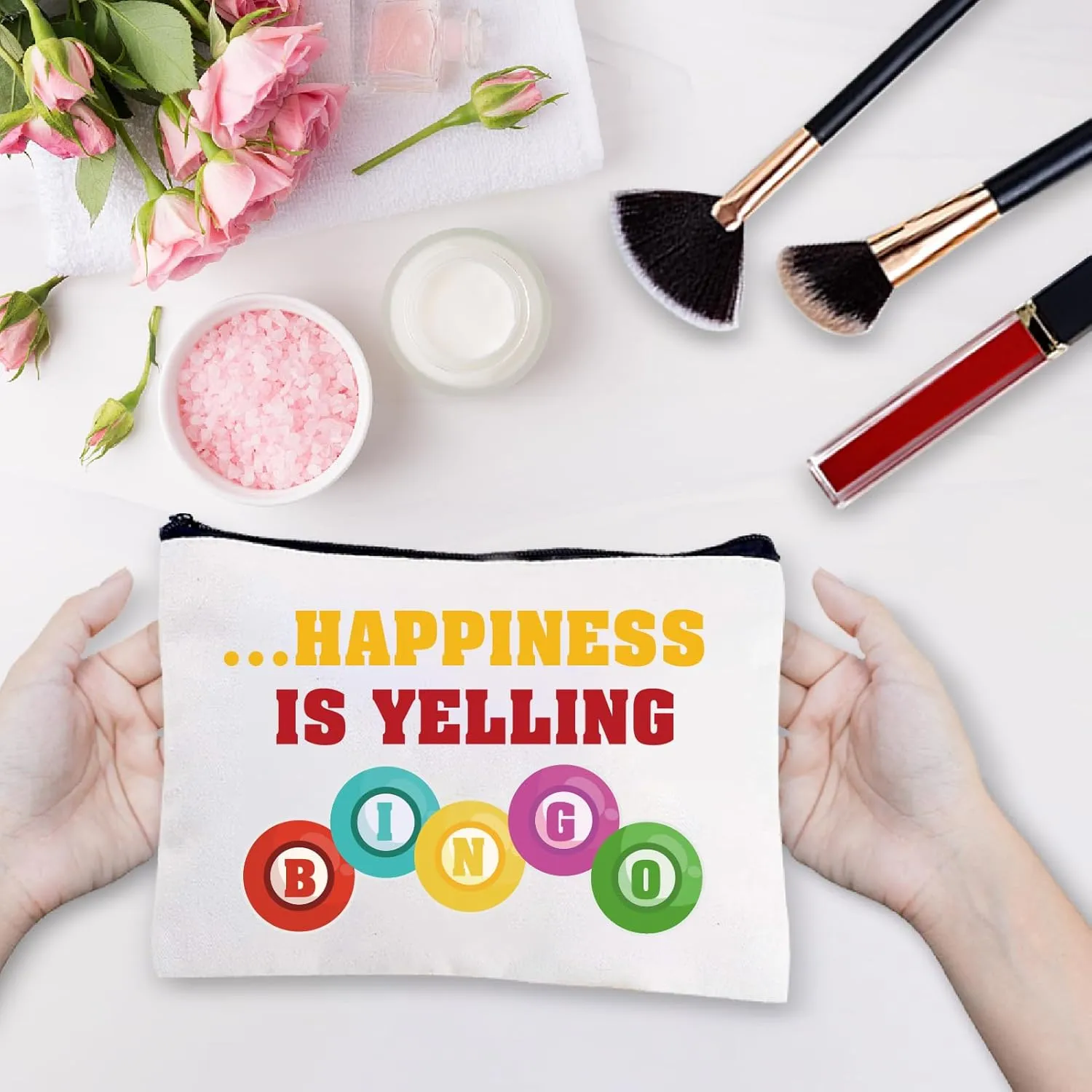 CREATCABIN Canvas Makeup Bags Bingo Cosmetic Bag Multi Purpose Pen Case with Metal Zipper Pouch Toiletry Travel Bag Purse for Lipstick Card Birthday Gambling Gifts 10 x 7Inch-Happiness is Yelling