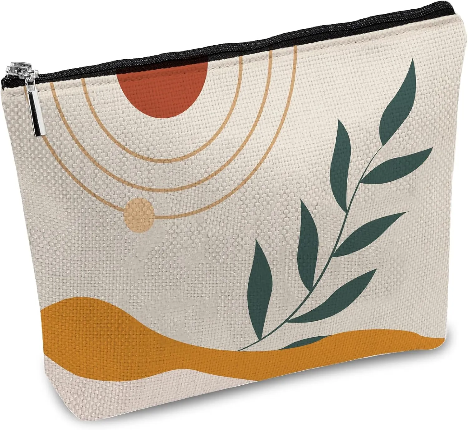 CREATCABIN Leaf Makeup Bags for Women Travel Cosmetic Bag Zipper Pouch Yellow Sunshine Ray Multi Purpose Pen Case Toiletry Packing Purse Gag Boho Abstract Gifts for Daughter Sister Bestie Mom 10x7Inch