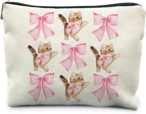 Cute Cat Makeup Bag, Gifts for Cat Mom and Lady, Pink Bows Cosmetic Toiletry Pouch, Accessories