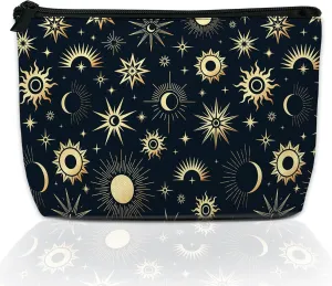 Cute Makeup Bag for Purse, Gold Boho Moon Sun Stars Cosmetic Bag for Women, Travel Toiletry Funny Zipper Pouch Gift 9.55.9 Inch