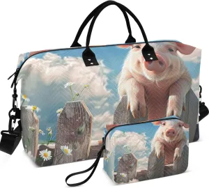 Cute Pig Animal Floral Duffel Bags Travel Cosmetic Bag Set of 2, Prints Garment Duffel Bag Weekend Bag Duffel