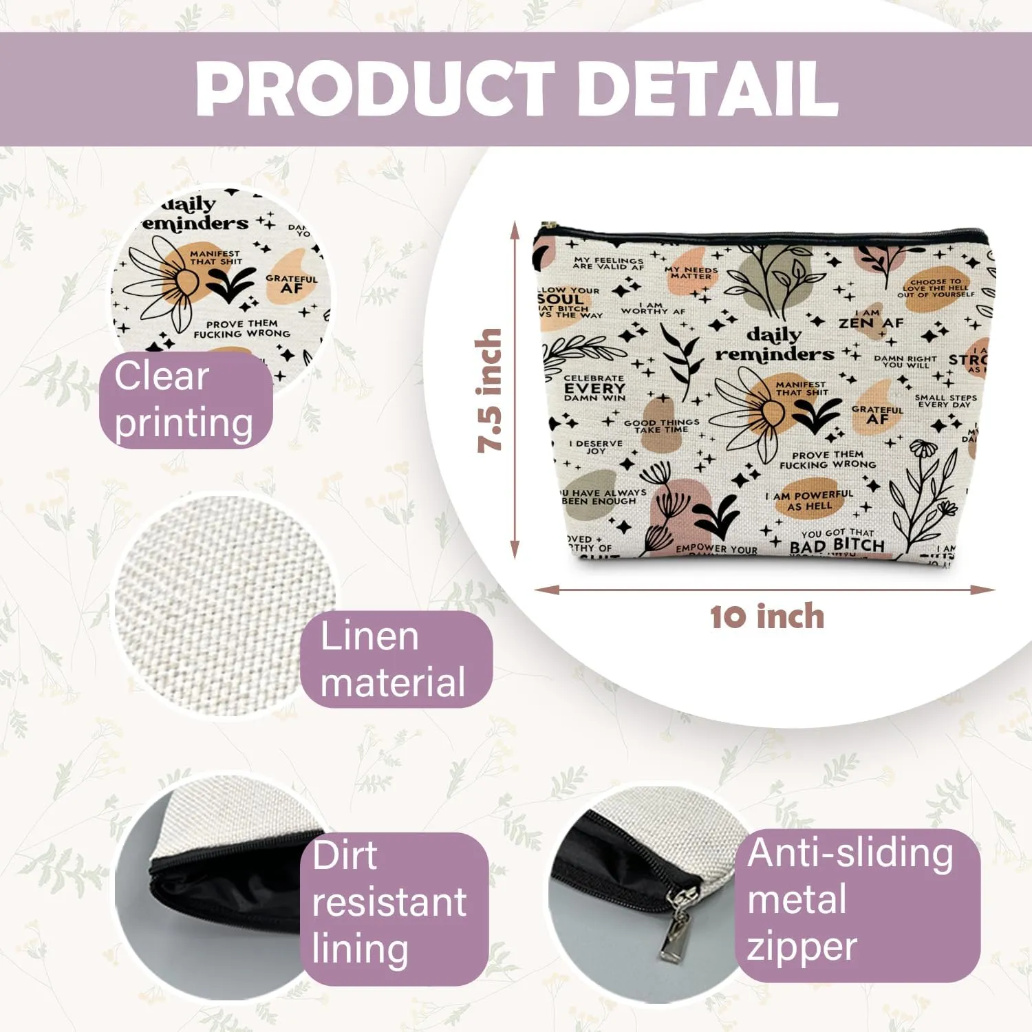 Daily Reminders Makeup Bag, Mental Health Gifts, Inspirational Gifts for Women, Self Love Mental Health Awareness Cosmetic Bag, Positive Affirmations Makeup Pouch