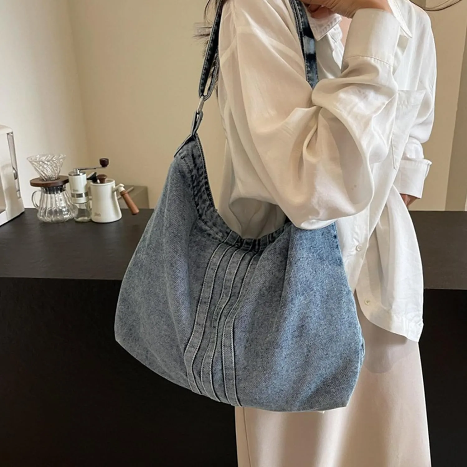 Denim Purse Women Large Boho Blue Jean Tote Bag Trendy Shoulder Bag Casual Crossbody Bag Vintage Handbag