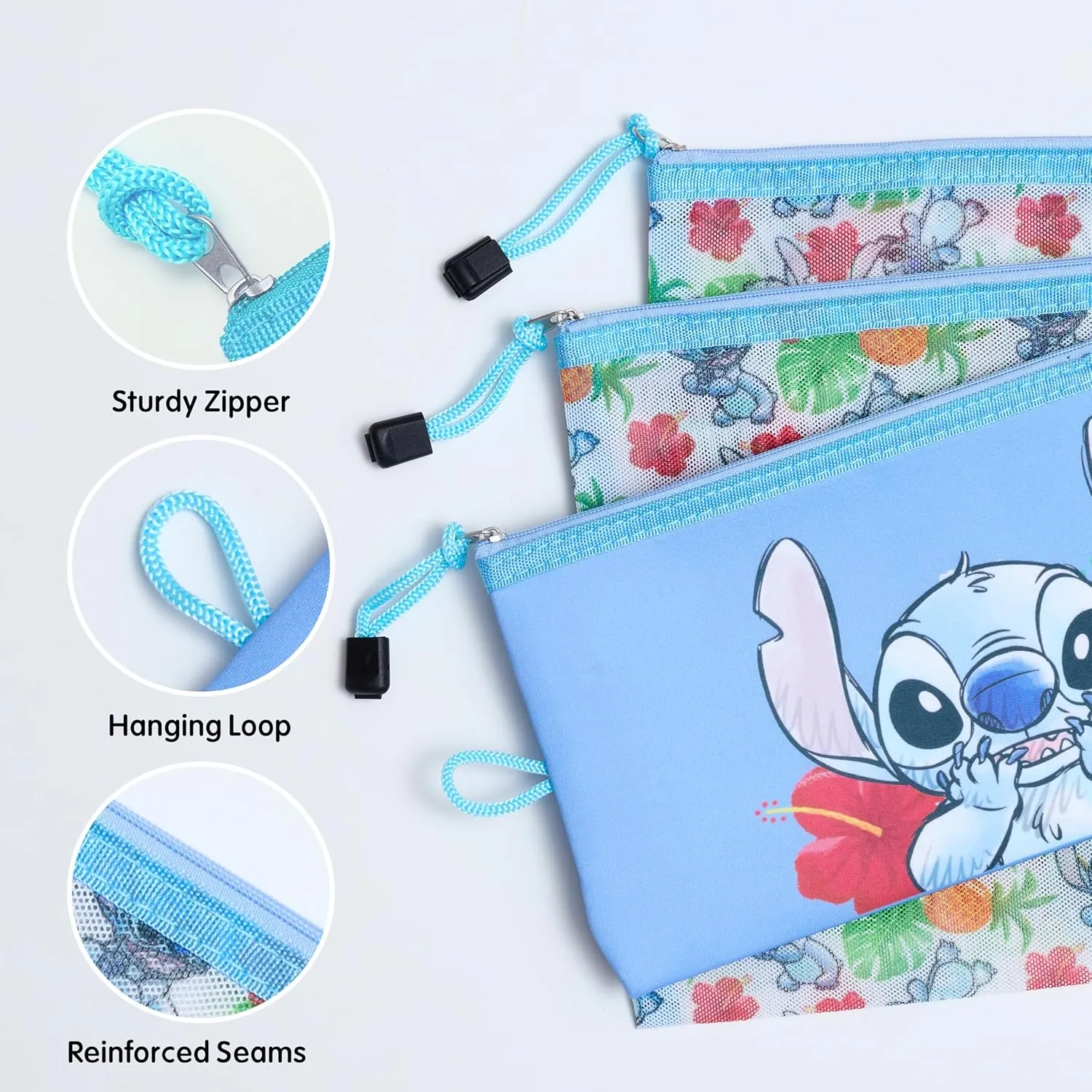 Disney Stitch Makeup Bag 3-Pack Official License, Zipper Pouch Set of 3 in Different Sizes, Travel Cosmetic Bag