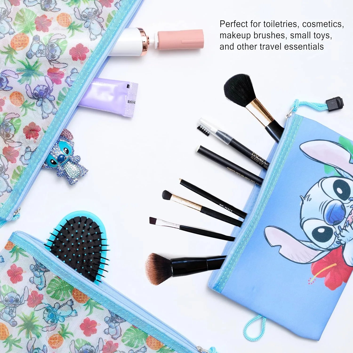 Disney Stitch Makeup Bag 3-Pack Official License, Zipper Pouch Set of 3 in Different Sizes, Travel Cosmetic Bag