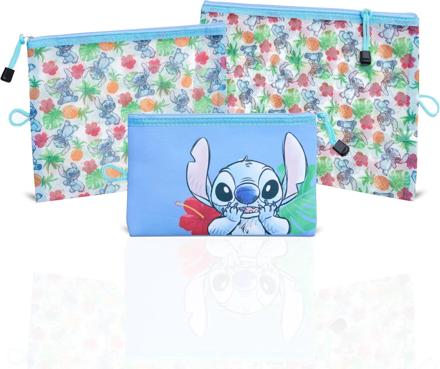 Disney Stitch Makeup Bag 3-Pack Official License, Zipper Pouch Set of 3 in Different Sizes, Travel Cosmetic Bag