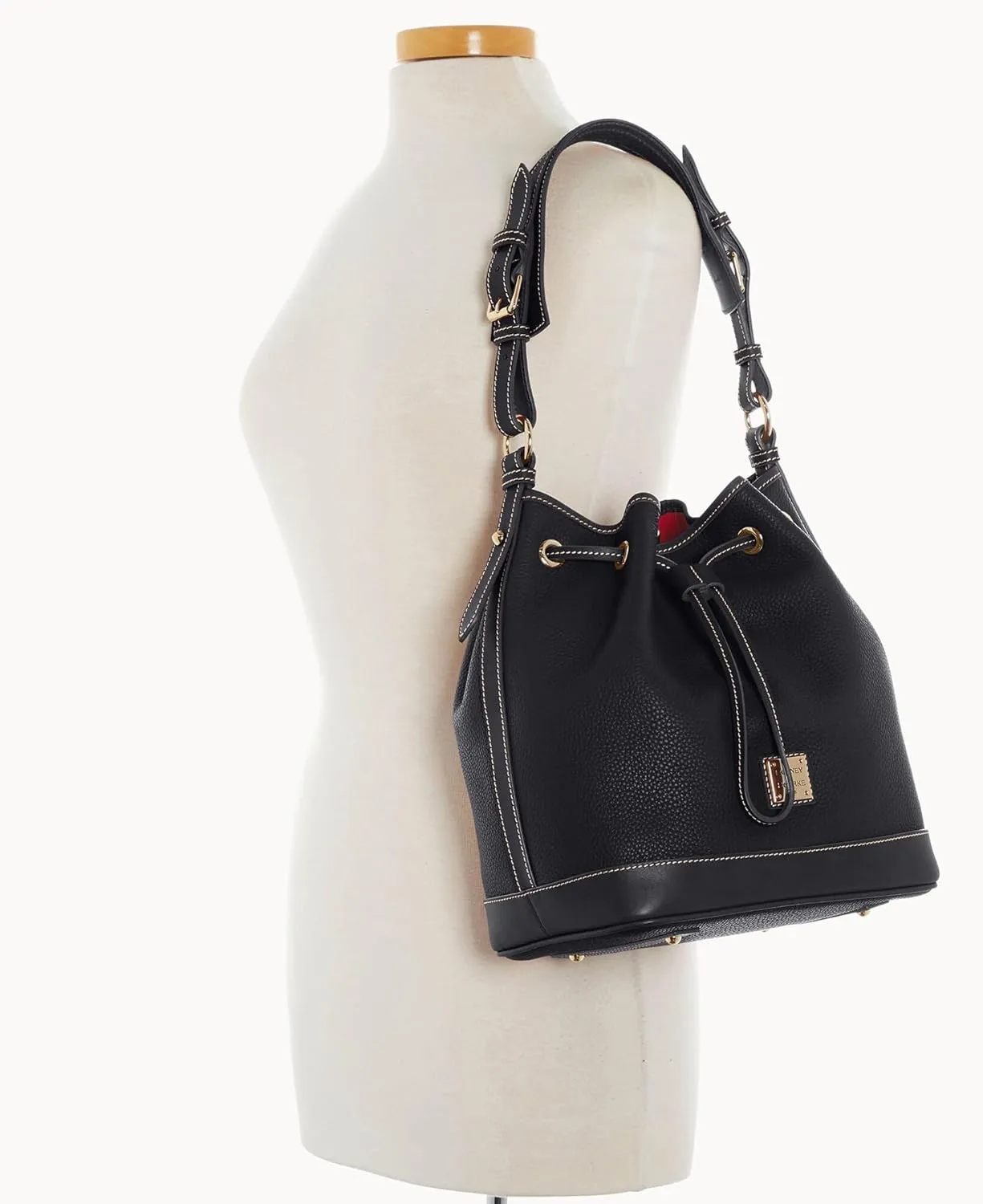 Dooney & Bourke Shoulder Bags, Pebble Grain Drawstring Leather Bucket Bags for Women - Black