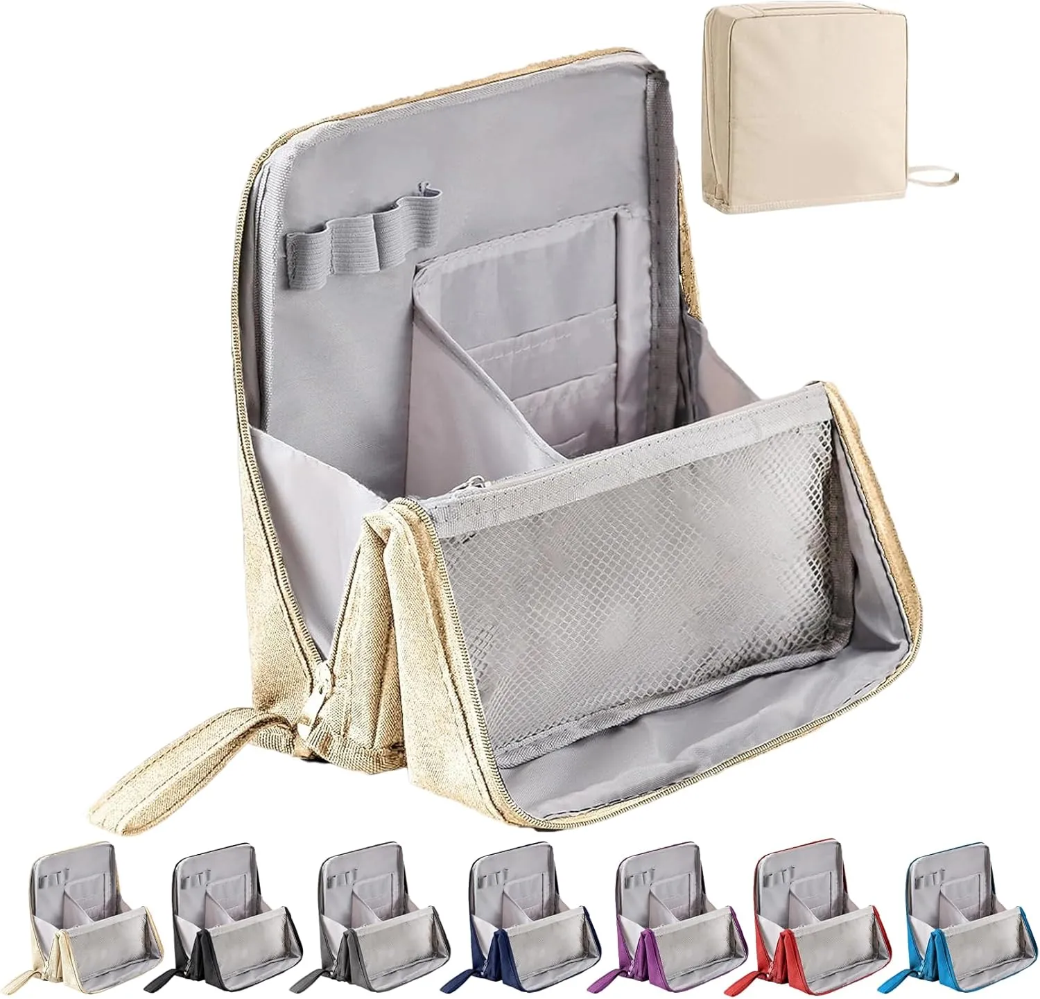 Doresty Makeup Bag, Standing Makeup Bag  Portable, Large Capacity, Waterproof Multi-Purpose Large Capacity Oxford Cloth Cosmetic Toiletry Bags, Stationery Organizer with Compartments (Beige)
