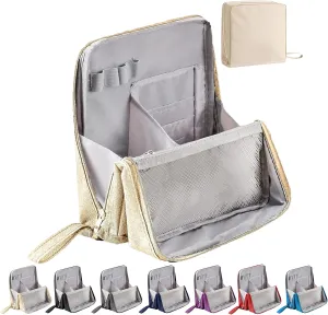 Doresty Makeup Bag, Standing Makeup Bag  Portable, Large Capacity, Waterproof Multi-Purpose Large Capacity Oxford Cloth Cosmetic Toiletry Bags, Stationery Organizer with Compartments (Beige)