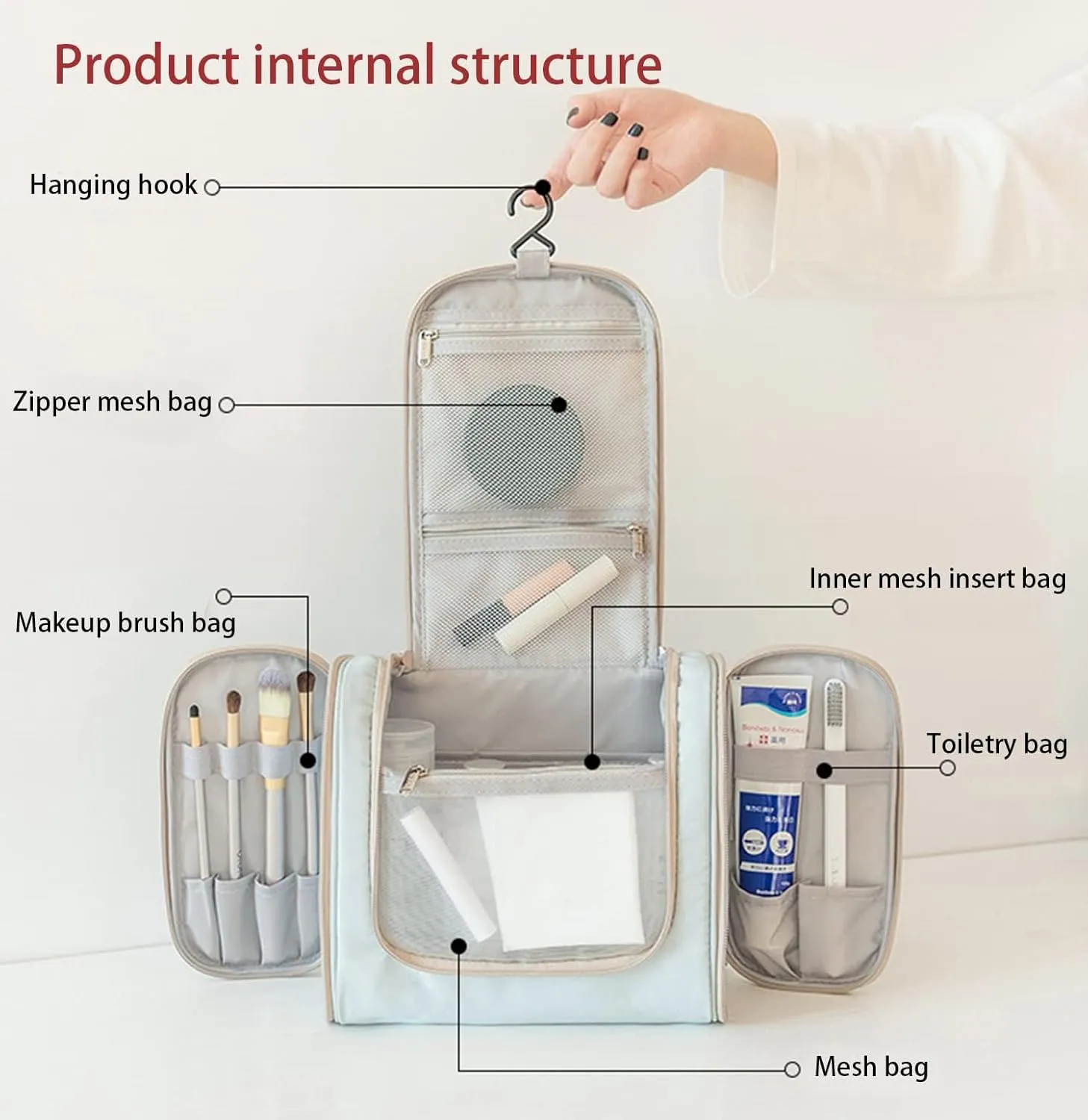 Double-opening Toiletry Bag Portable Travel Bag with Hanging Hook Makeup Organizer Bag for Cosmetics Full Sized Container