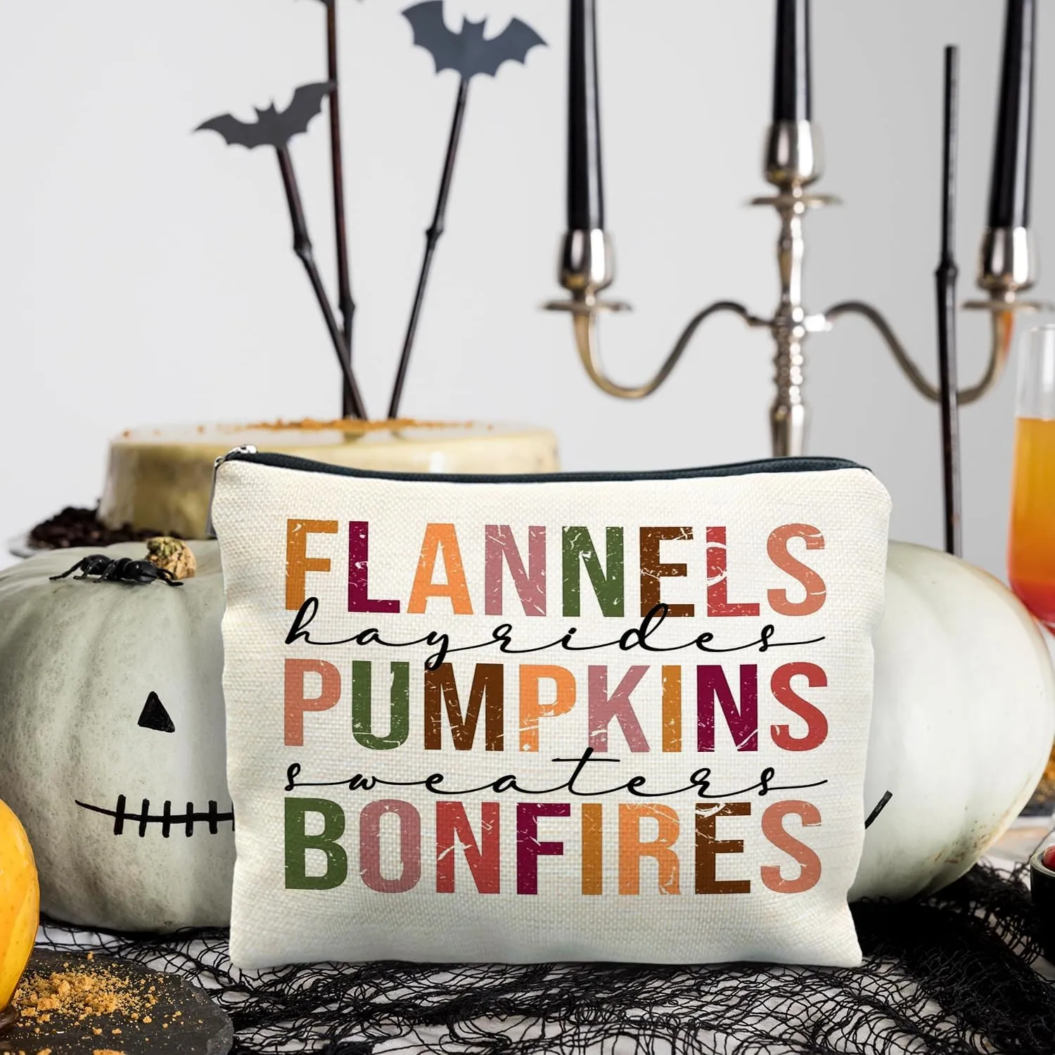 Fall Themed Makeup Bag Pouch, Fall Gifts for Women, Thanksgiving Gifts, Fall Themed Gifts, Flannels Pumpkins Bonfires Autumn Cosmetic Bag for Women