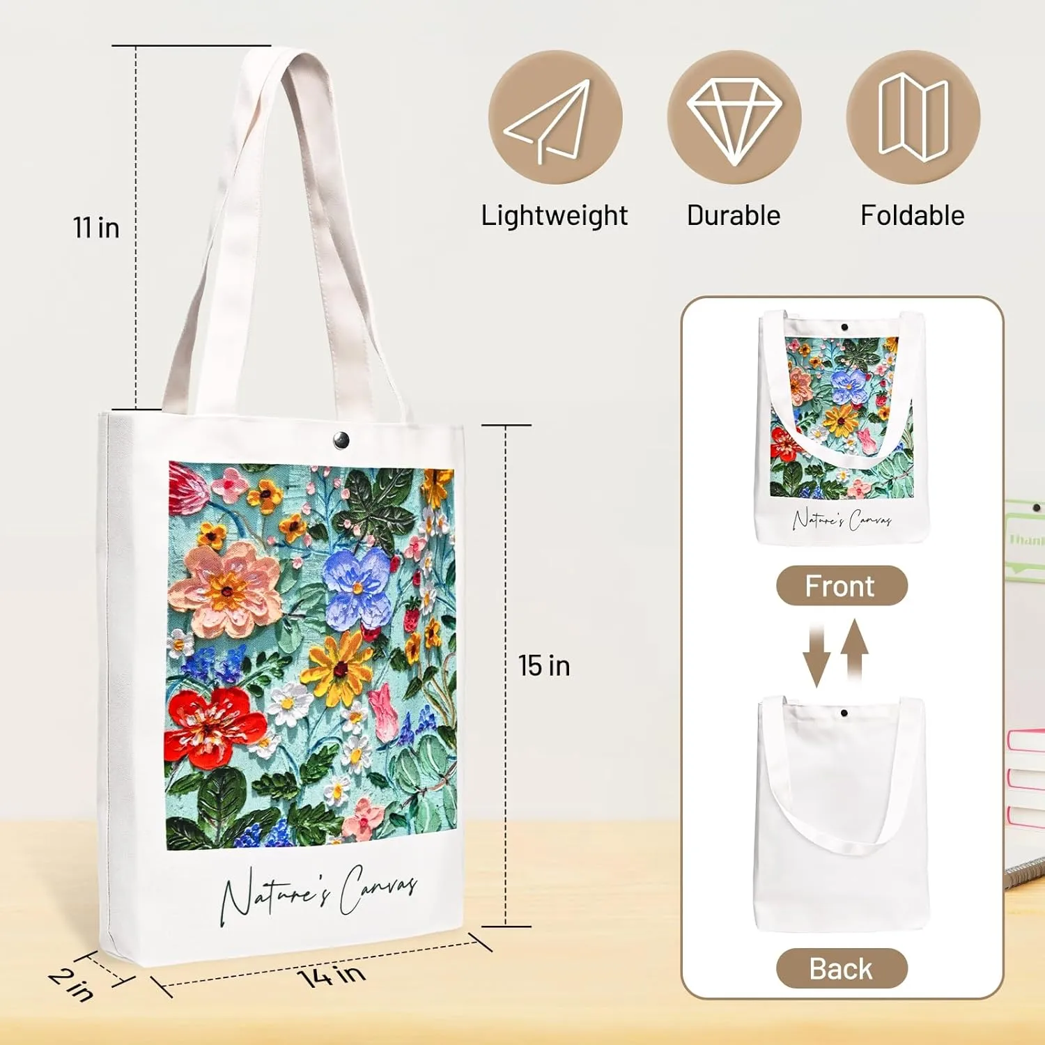 Floral Aesthetic Tote Bag for Women with Zippered Pocket & Snap Closure, Durable Shopping Tote for Travel & Daily Use