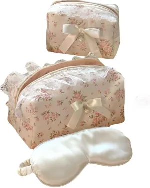 Floral Makeup Bag Set of 2 with Pearl Lace Bow   Silk Eye Mask, Coquette Accessories, Aesthetic Cute Makeup Bags for Women, Large & Small Pouch Set, Cotton Pouches for Purse, Gift Set for Women Girls