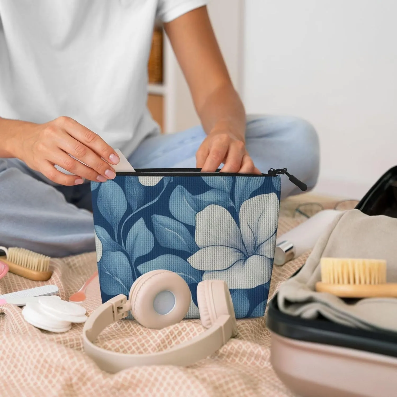 Flower Print Makeup Bag For Purse Cosmetic Travel Casual Toiletry Zipper Storage Bag