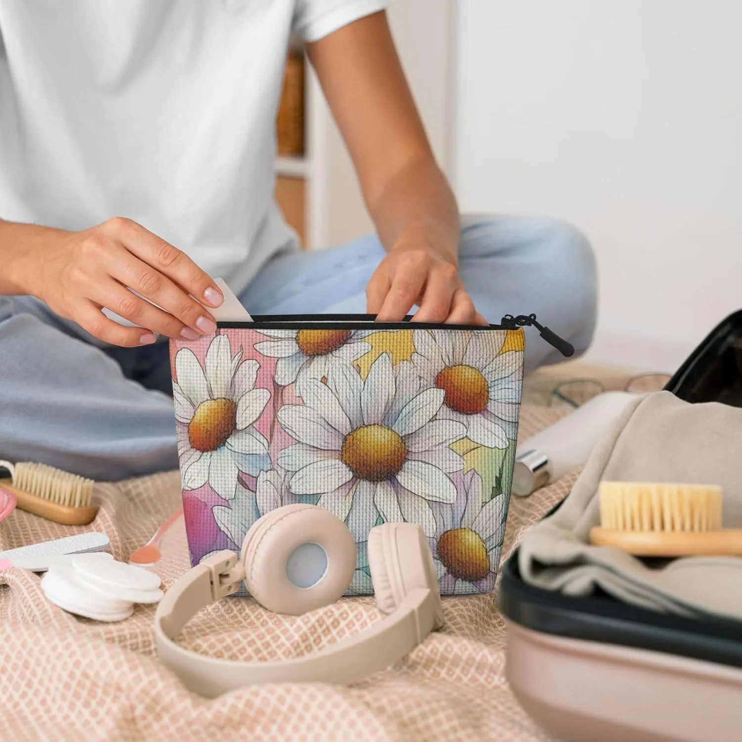 Flower Print Makeup Bag For Purse Cosmetic Travel Casual Toiletry Zipper Storage Bag