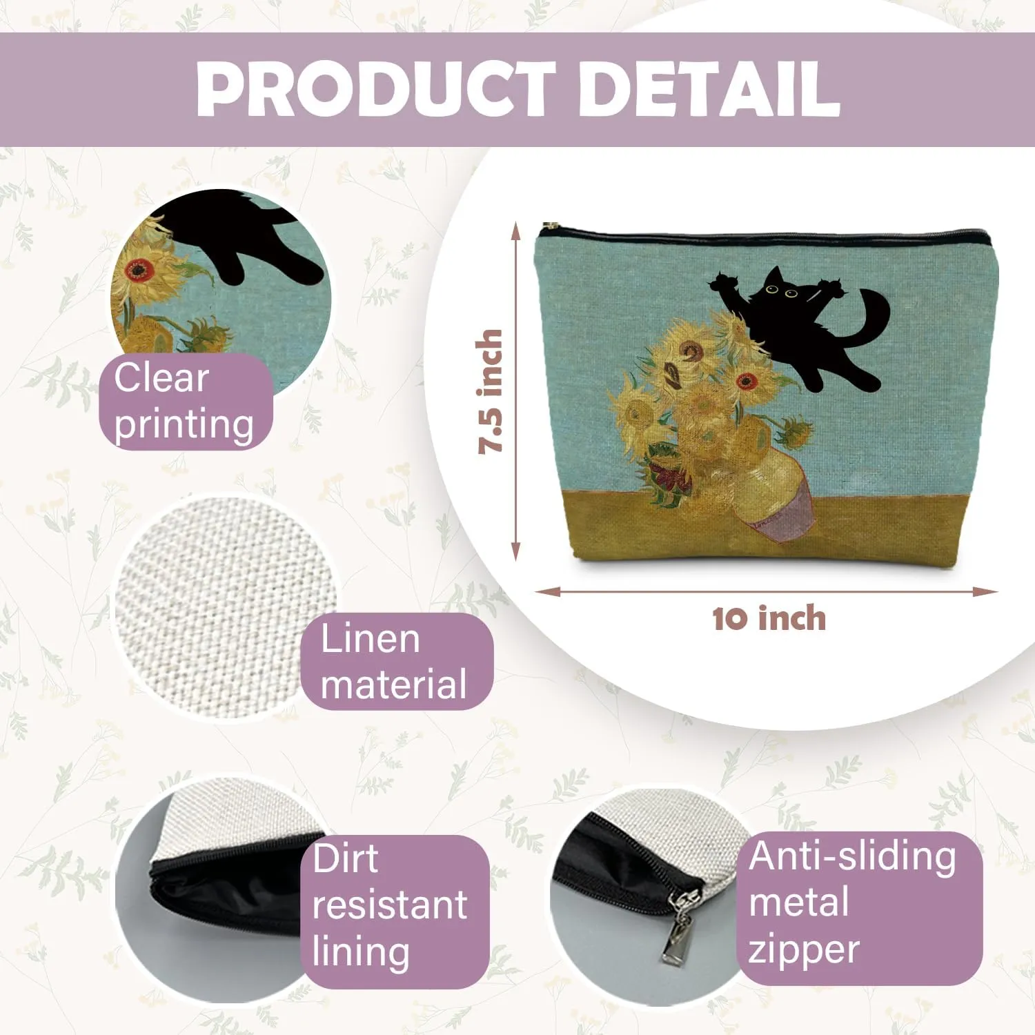 Funny Black Cat Makeup Cosmetic Bags for Women - Cat Gifts for Women Cat Lovers, Cat Mom Gifts, Cat Lady Gifts, Floral Cat Small Makeup Bag Pouch for Purse