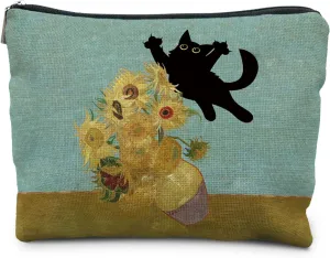 Funny Black Cat Makeup Cosmetic Bags for Women - Cat Gifts for Women Cat Lovers, Cat Mom Gifts, Cat Lady Gifts, Floral Cat Small Makeup Bag Pouch for Purse