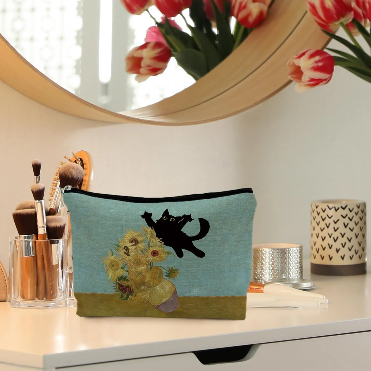 Funny Black Cat Makeup Cosmetic Bags for Women - Cat Gifts for Women Cat Lovers, Cat Mom Gifts, Cat Lady Gifts, Floral Cat Small Makeup Bag Pouch for Purse