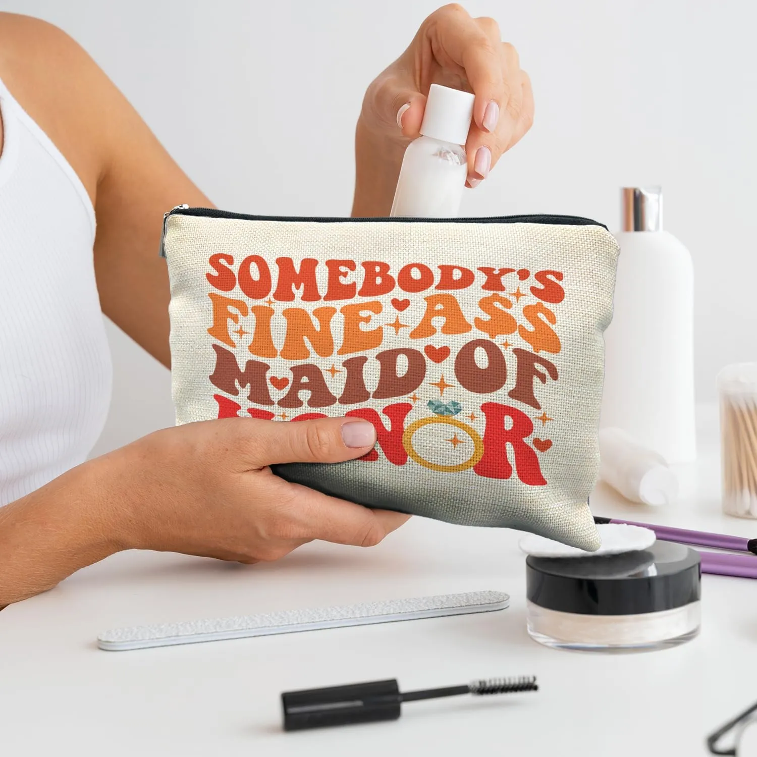 Funny Maid of Honor Makeup Bag, Maid of Honor Gifts, Maid of Honor Proposal Gifts, Maid of Honor Gifts from the Bride, Groovy Somebody's Fine As Maid of Honor Cosmetic Bag Toiletry Bag
