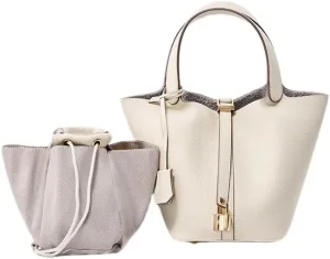 Genuine Leather Bucket Bag with Lock Closure, Vegetable Basket, Stylish and Versatile Shoulder bag, Spacious Tote Bag