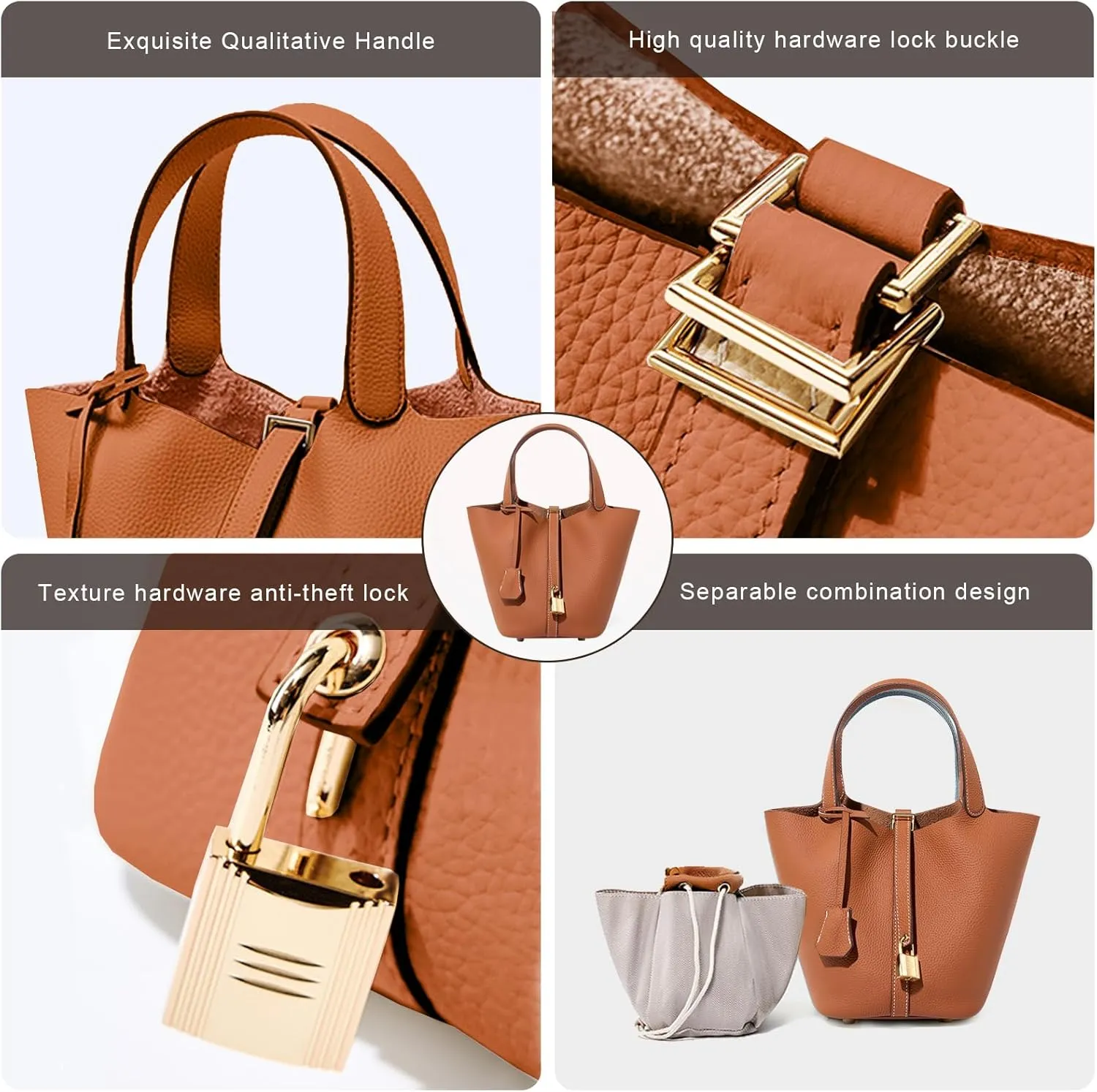 Genuine Leather Lock Design Bucket Bag Vegetable Basket for Women, Ladies' Versatile Shoulder Handbag