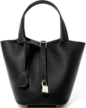 Genuine Leather Lock Design Bucket Bag Vegetable Basket for Women, Ladies' Versatile Shoulder Handbag