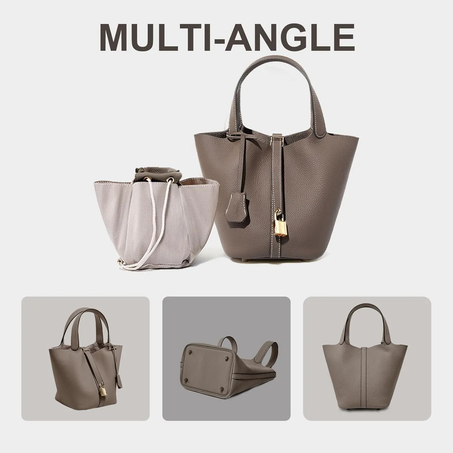 Genuine Leather Lock Design Bucket Bag Vegetable Basket for Women, Ladies' Versatile Shoulder Handbag
