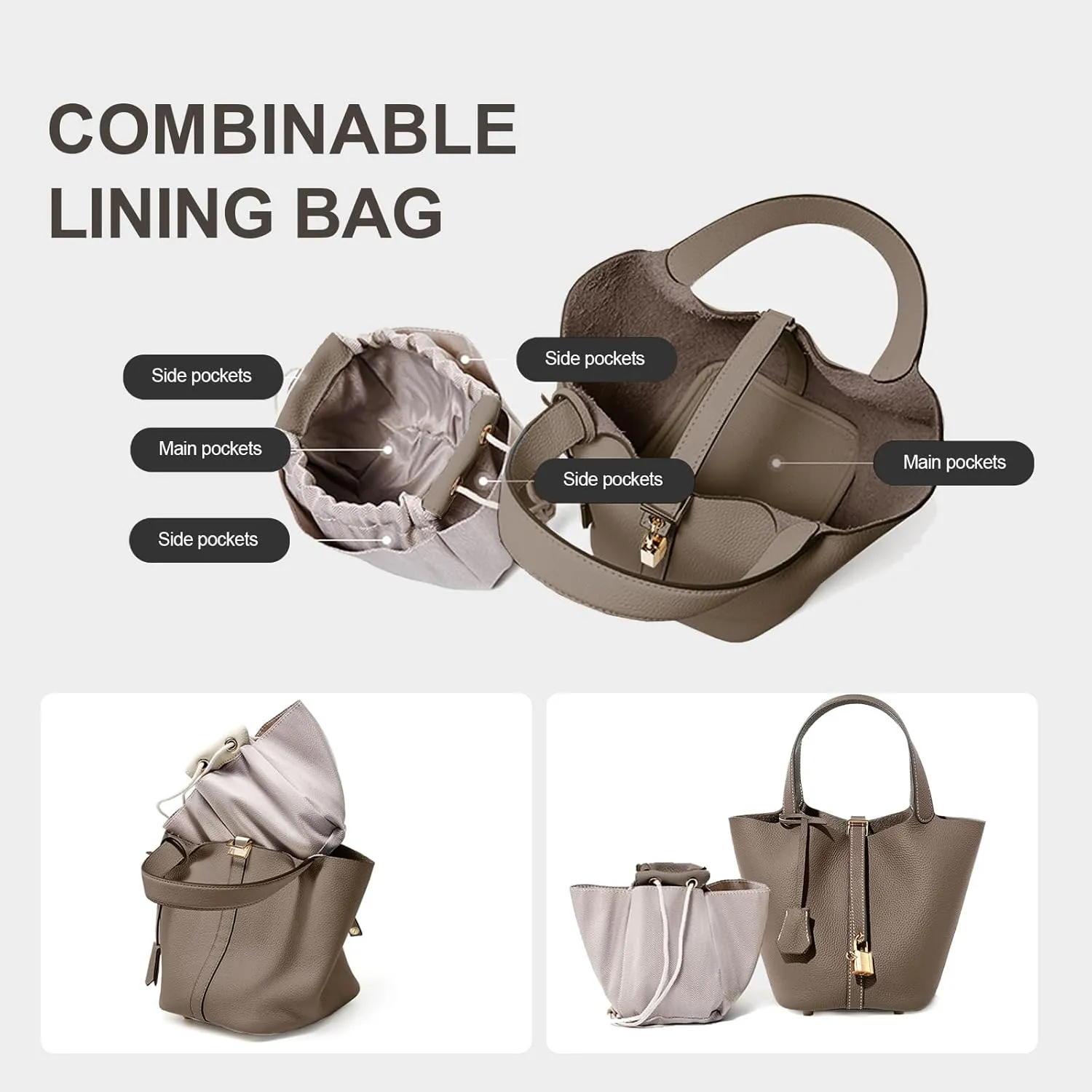 Genuine Leather Lock Design Bucket Bag Vegetable Basket for Women, Ladies' Versatile Shoulder Handbag
