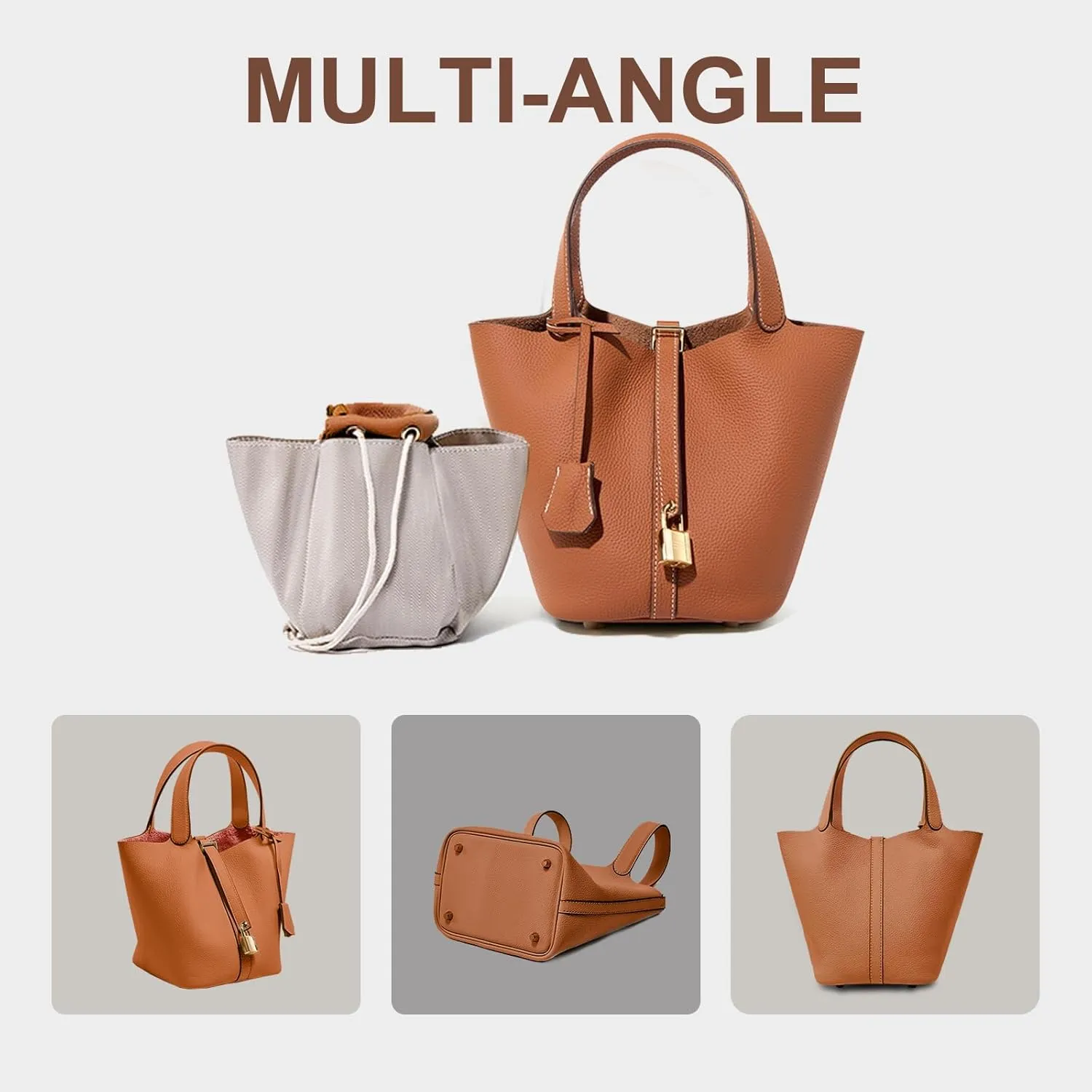 Genuine Leather Lock Design Bucket Bag Vegetable Basket for Women, Ladies' Versatile Shoulder Handbag