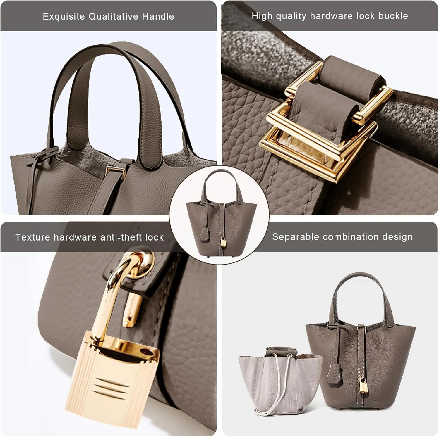 Genuine Leather Lock Design Bucket Bag Vegetable Basket for Women, Ladies' Versatile Shoulder Handbag