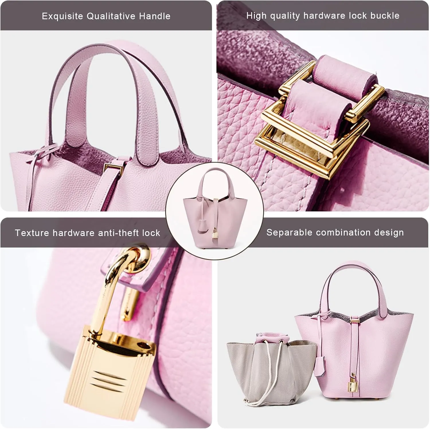 Genuine Leather Lock Design Bucket Bag Vegetable Basket for Women, Ladies' Versatile Shoulder Handbag