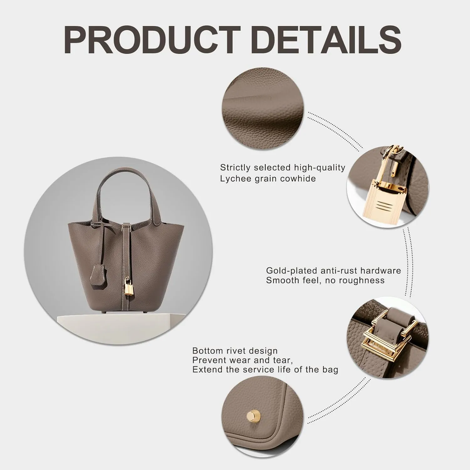 Genuine Leather Lock Design Bucket Bag Vegetable Basket for Women, Ladies' Versatile Shoulder Handbag