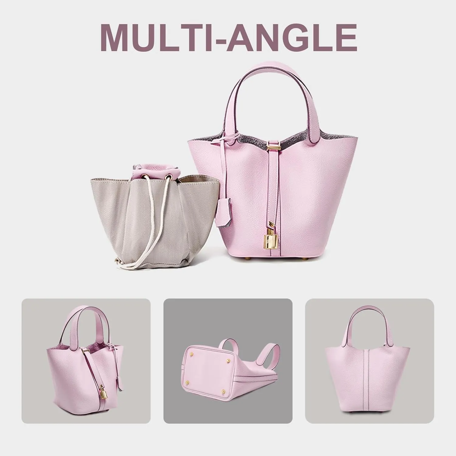 Genuine Leather Lock Design Bucket Bag Vegetable Basket for Women, Ladies' Versatile Shoulder Handbag