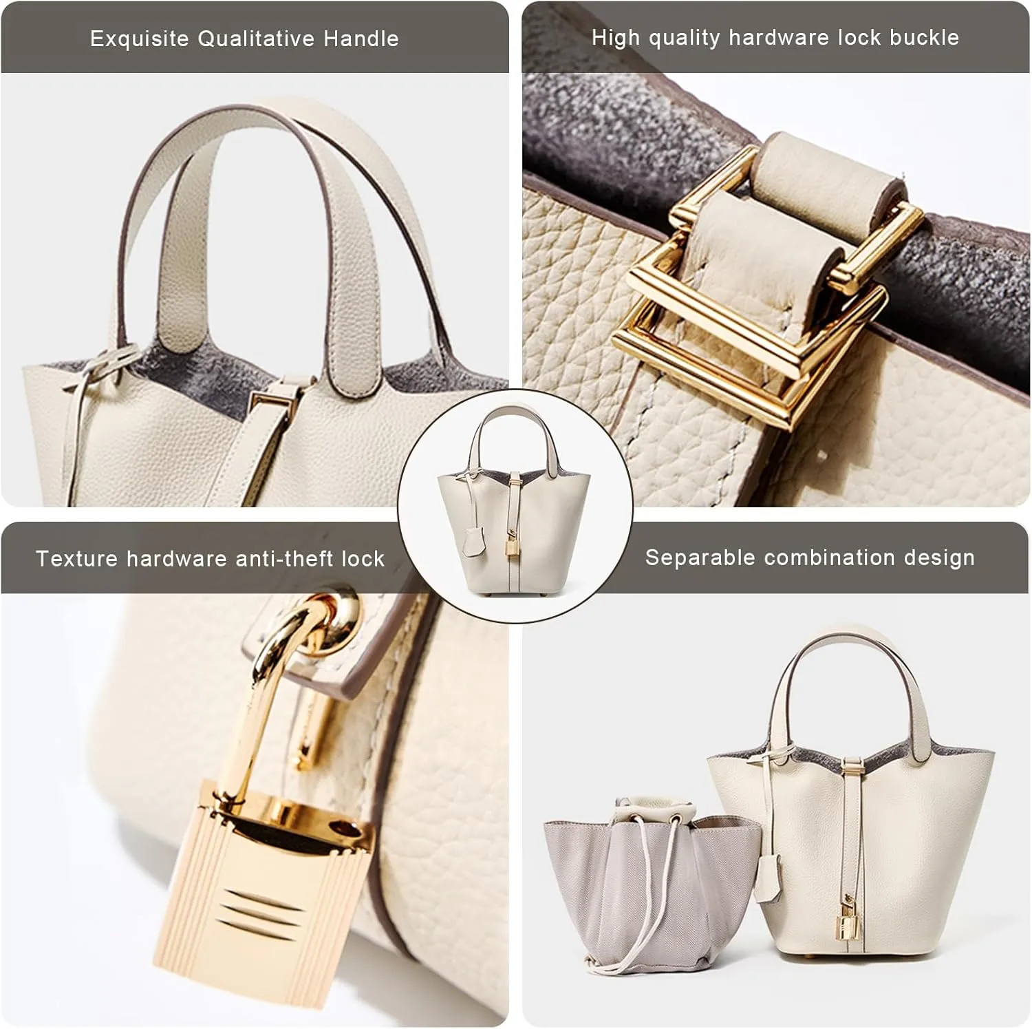 Genuine Leather Lock Design Bucket Bag Vegetable Basket for Women, Ladies' Versatile Shoulder Handbag