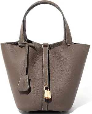 Genuine Leather Lock Design Bucket Bag Vegetable Basket for Women, Ladies' Versatile Shoulder Handbag