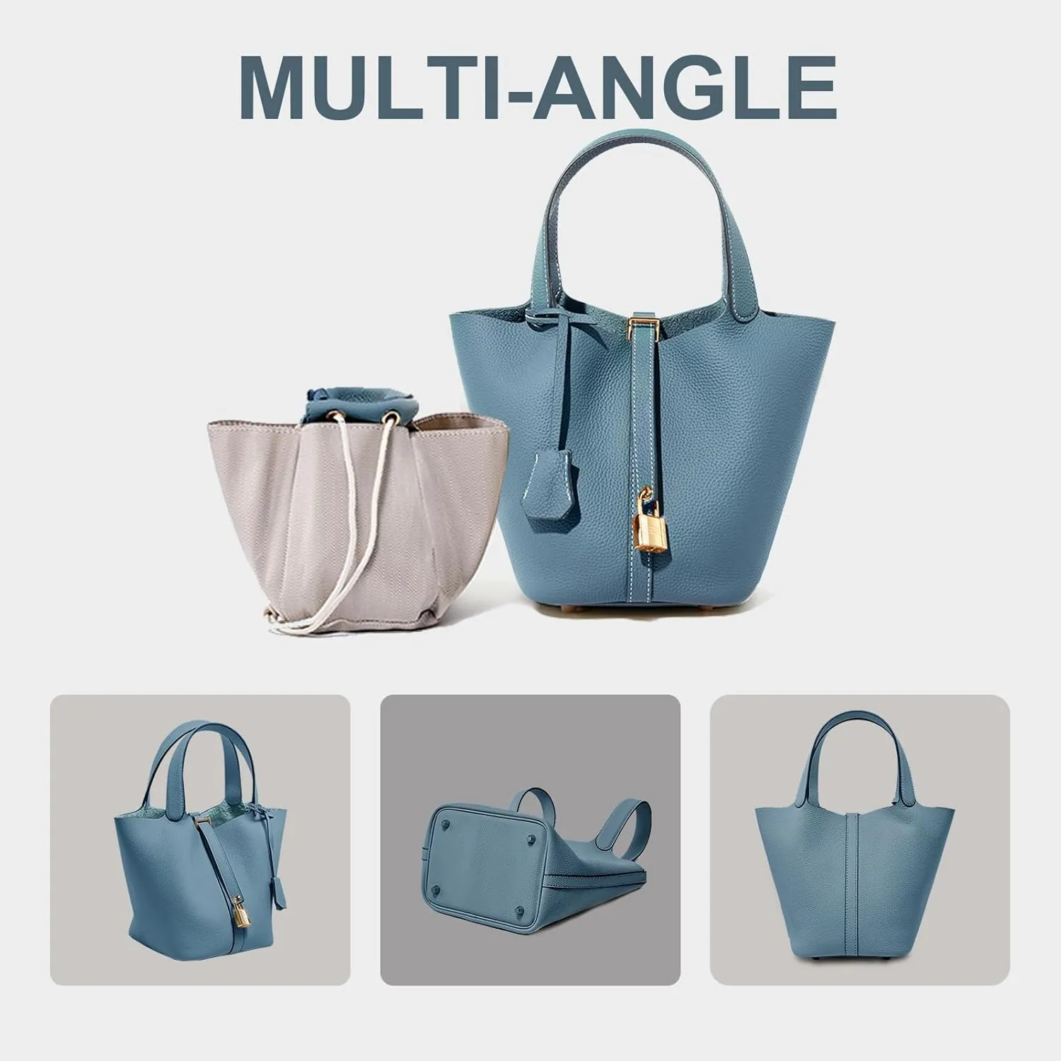 Genuine Leather Lock Design Bucket Bag Vegetable Basket for Women, Ladies' Versatile Shoulder Handbag