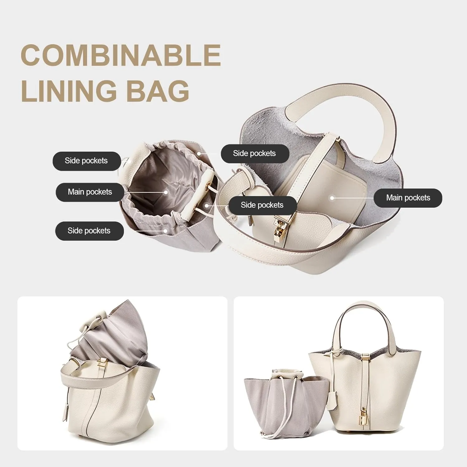Genuine Leather Lock Design Bucket Bag Vegetable Basket for Women, Ladies' Versatile Shoulder Handbag