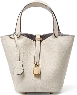 Genuine Leather Lock Design Bucket Bag Vegetable Basket for Women, Ladies' Versatile Shoulder Handbag