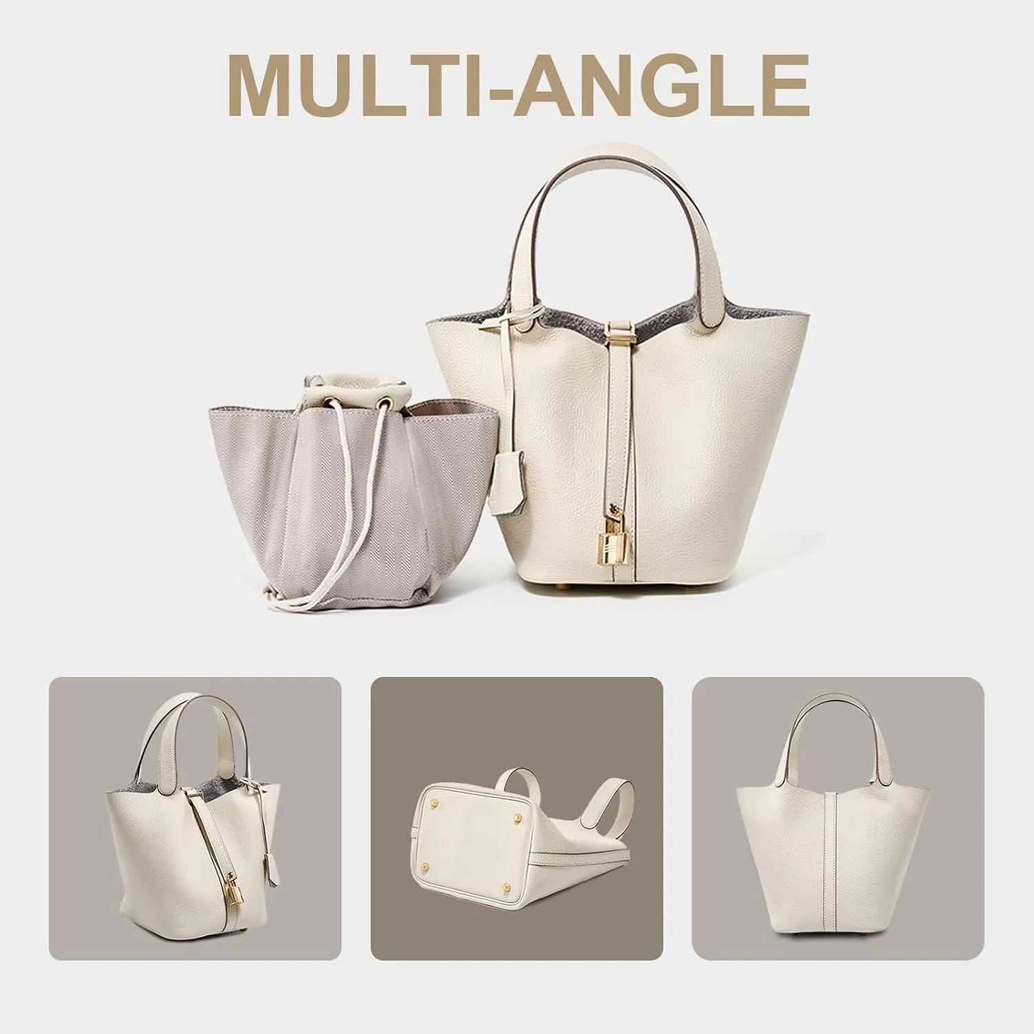 Genuine Leather Lock Design Bucket Bag Vegetable Basket for Women, Ladies' Versatile Shoulder Handbag
