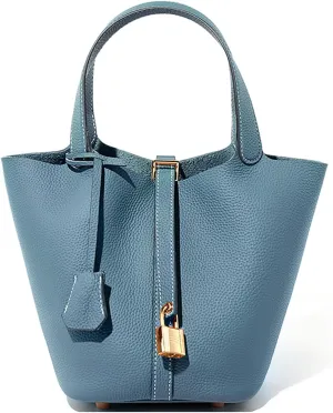 Genuine Leather Lock Design Bucket Bag Vegetable Basket for Women, Ladies' Versatile Shoulder Handbag